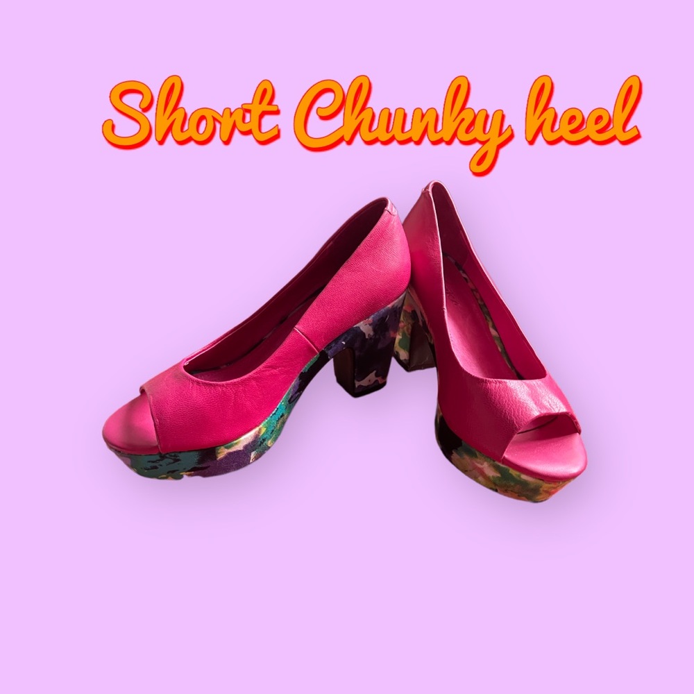 Brand new. Open toe short chunky heel shoe. Pink and water colours